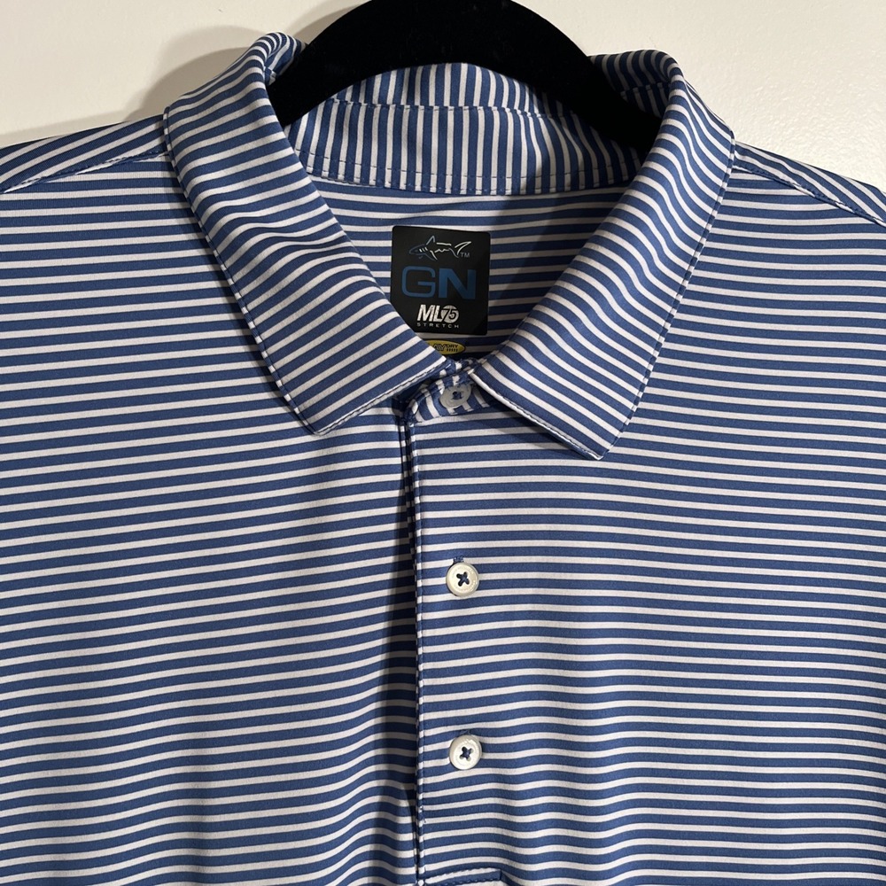 Greg Norman Men's Golf Performance Polo Shirt Blue White Stripe PlayDry XL